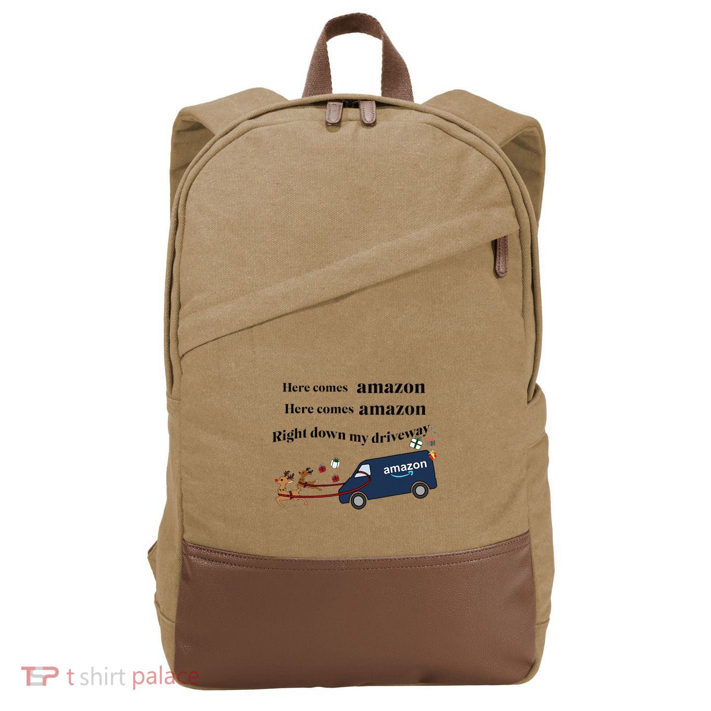 Here Comes Amazon Christmas Funny Cotton Canvas Backpack