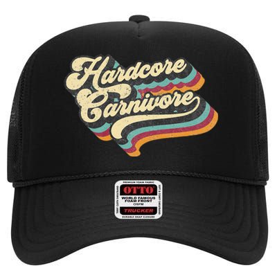 Hardcore Carnivore BBQ Meat Eating Lover 70s Retro Text High Crown Mesh Back Trucker Hat