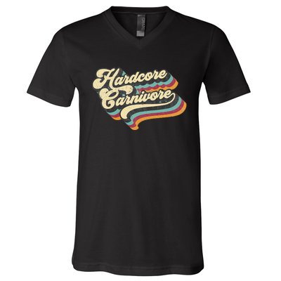 Hardcore Carnivore BBQ Meat Eating Lover 70s Retro Text V-Neck T-Shirt