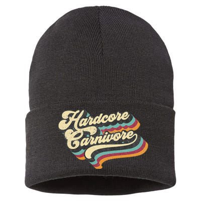 Hardcore Carnivore BBQ Meat Eating Lover 70s Retro Text Sustainable Knit Beanie