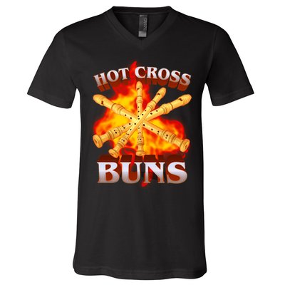 Hot Cross Buns Fire Recorder Flute V-Neck T-Shirt