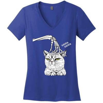 Halloween Cat Black Lover Skeleton Hand Boop Funny Meaningful Gift Women's V-Neck T-Shirt