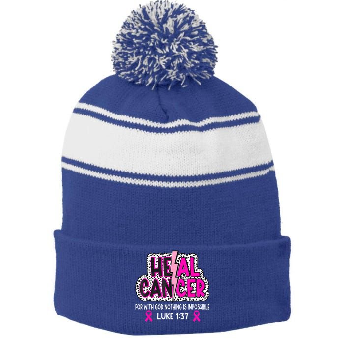 Heal Cancer Believe God Christian Breast Cancer Awareness Stripe Pom Pom Beanie