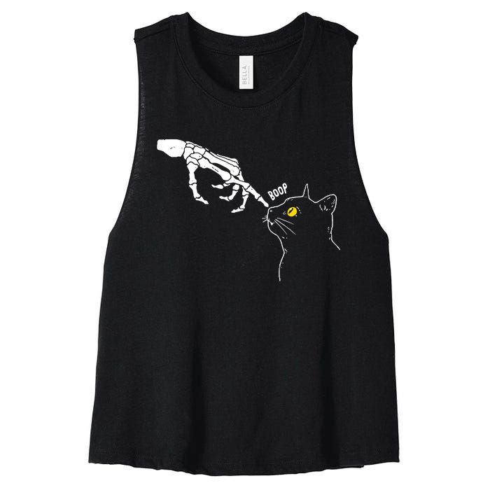 Halloween Cat Black Lover Skeleton Hand Boop Women's Racerback Cropped Tank