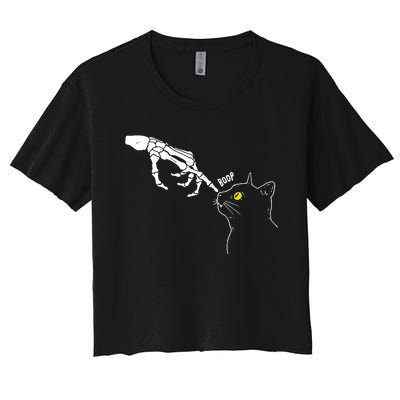 Halloween Cat Black Lover Skeleton Hand Boop Women's Crop Top Tee