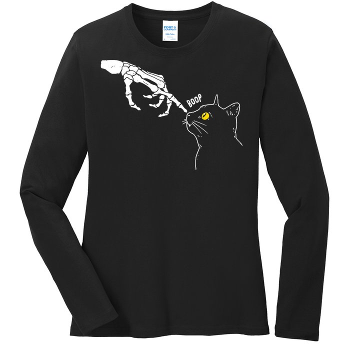 Halloween Cat Black Lover Skeleton Hand Boop Ladies Long Sleeve Shirt