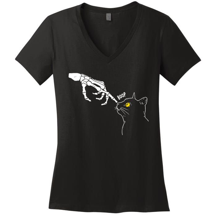 Halloween Cat Black Lover Skeleton Hand Boop Women's V-Neck T-Shirt