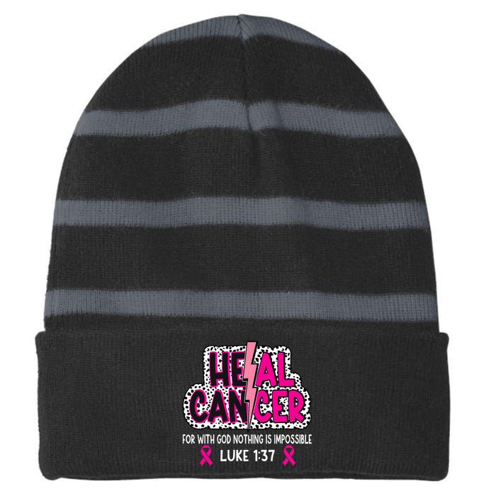 Heal Cancer Believe God Christian Breast Cancer Awareness Striped Beanie with Solid Band