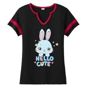 Hello Cute Bunny Blue Pink Girly Rabbit Childrens Ladies Halftime Notch Neck Tee