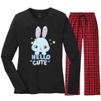 Hello Cute Bunny Blue Pink Girly Rabbit Childrens Women's Long Sleeve Flannel Pajama Set 