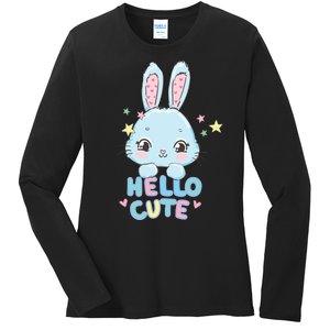 Hello Cute Bunny Blue Pink Girly Rabbit Childrens Ladies Long Sleeve Shirt