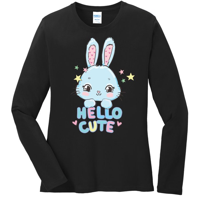 Hello Cute Bunny Blue Pink Girly Rabbit Childrens Ladies Long Sleeve Shirt