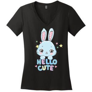 Hello Cute Bunny Blue Pink Girly Rabbit Childrens Women's V-Neck T-Shirt