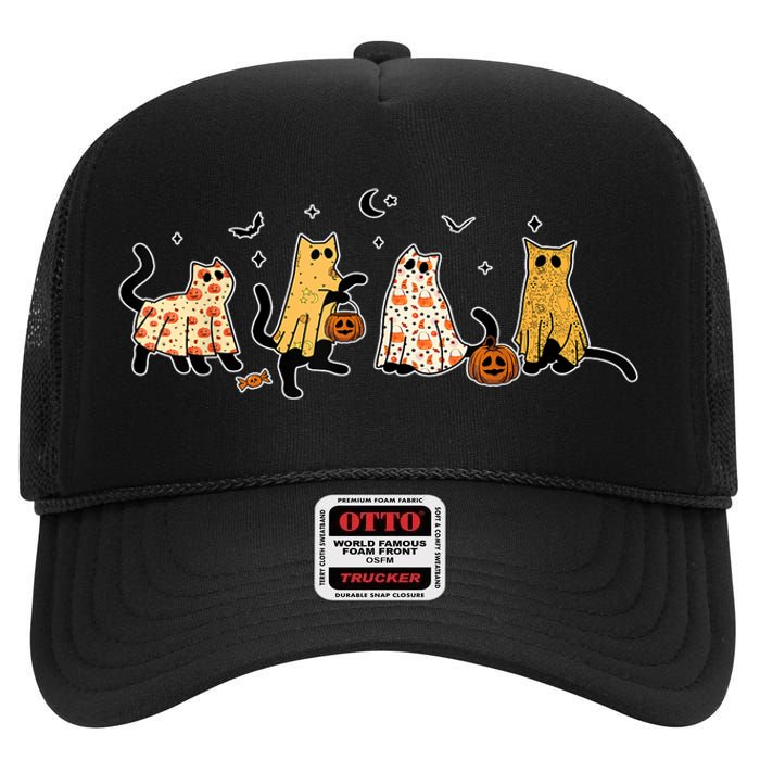 Halloween Cute Black Cats In Ghost Costume Gift High Crown Mesh Back Trucker Hat