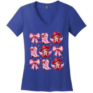 Heart Coquette Bow Cow Boots Howdy Valentine Cute Gift Women's V-Neck T-Shirt