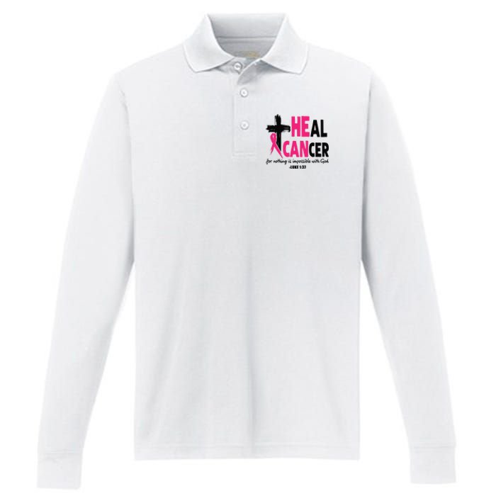 Heal Cancer Believe God Christian Breast Cancer Awareness Performance Long Sleeve Polo