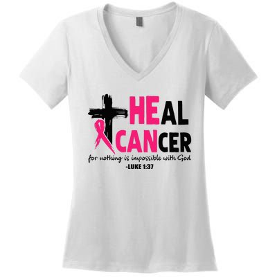 Heal Cancer Believe God Christian Breast Cancer Awareness Women's V-Neck T-Shirt