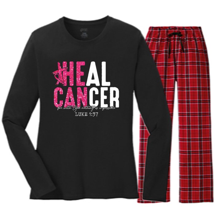 Heal Cancer Believe God Christian Breast Cancer Awareness Women's Long Sleeve Flannel Pajama Set 