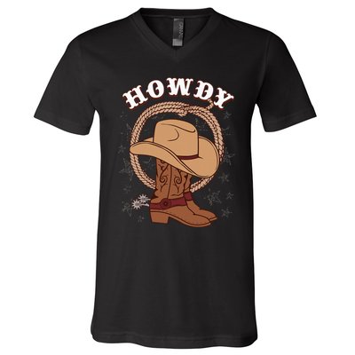 Howdy Cowboy Boots Hat Funny Rodeo Country Western Texas V-Neck T-Shirt