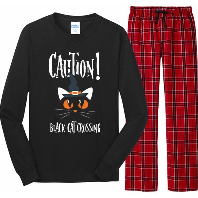 Halloween Caution Black Cat Crossing Classic Design Funny Gift Long Sleeve Pajama Set