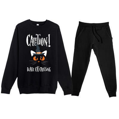 Halloween Caution Black Cat Crossing Classic Design Funny Gift Premium Crewneck Sweatsuit Set