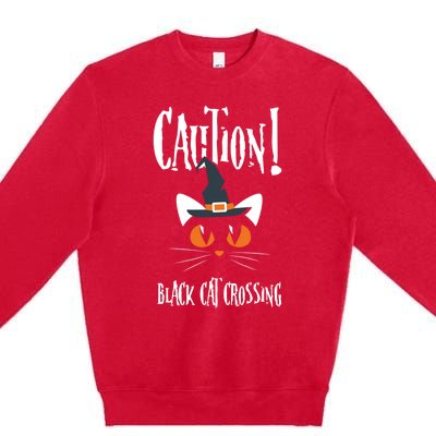 Halloween Caution Black Cat Crossing Classic Design Funny Gift Premium Crewneck Sweatshirt