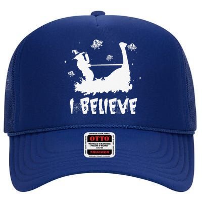 Halloween Costume Bigfoot Riding Nessie I Believe UFO Alien High Crown Mesh Back Trucker Hat