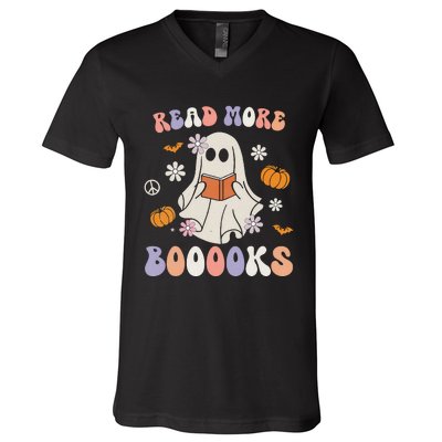 Halloween Cute Boo Read A Book Teacher's Day V-Neck T-Shirt