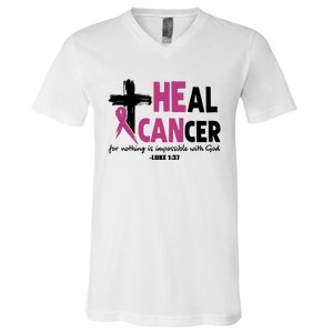 Heal Cancer Breast Cancer Awareness Month back and front side V-Neck T-Shirt