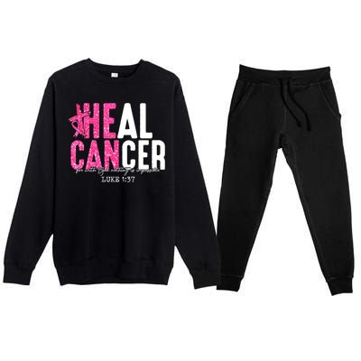 Heal Cancer Believe God Christian Breast Cancer Awareness Premium Crewneck Sweatsuit Set