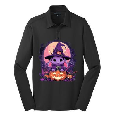 Halloween Cute Bunny Rabbit Witch Hat Jack O Lantern Graphic Silk Touch Performance Long Sleeve Polo