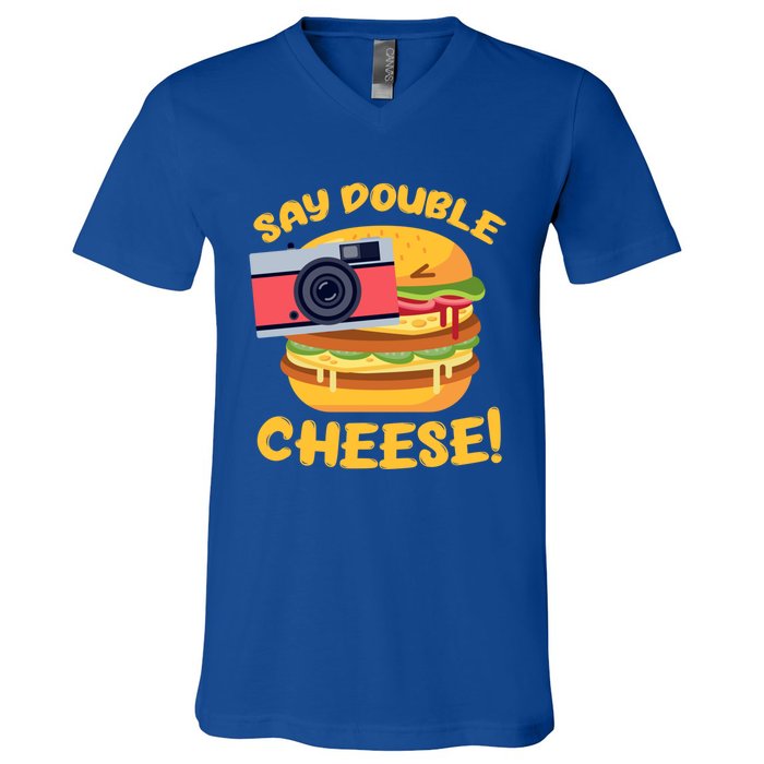 Hamburger Cheeseburger Camera Say Double Cheese Gift V-Neck T-Shirt