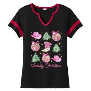 Howdy Christmas Coquette Bow Xmas Tree Western Country Ladies Halftime Notch Neck Tee