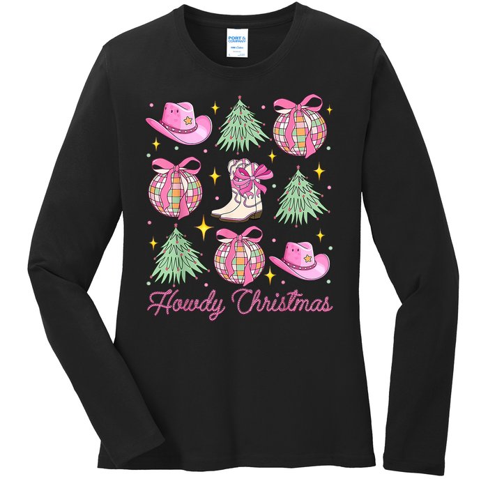 Howdy Christmas Coquette Bow Xmas Tree Western Country Ladies Long Sleeve Shirt