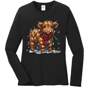 Highland Cow Christmas Xmas Santa Baby Wooly Farm Animal Ladies Long Sleeve Shirt