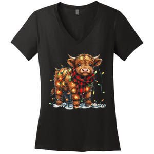 Highland Cow Christmas Xmas Santa Baby Wooly Farm Animal Women's V-Neck T-Shirt