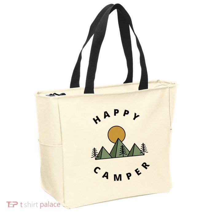 Happy Camper Camping Camp Forest Mountains Minimalist Zip Tote Bag