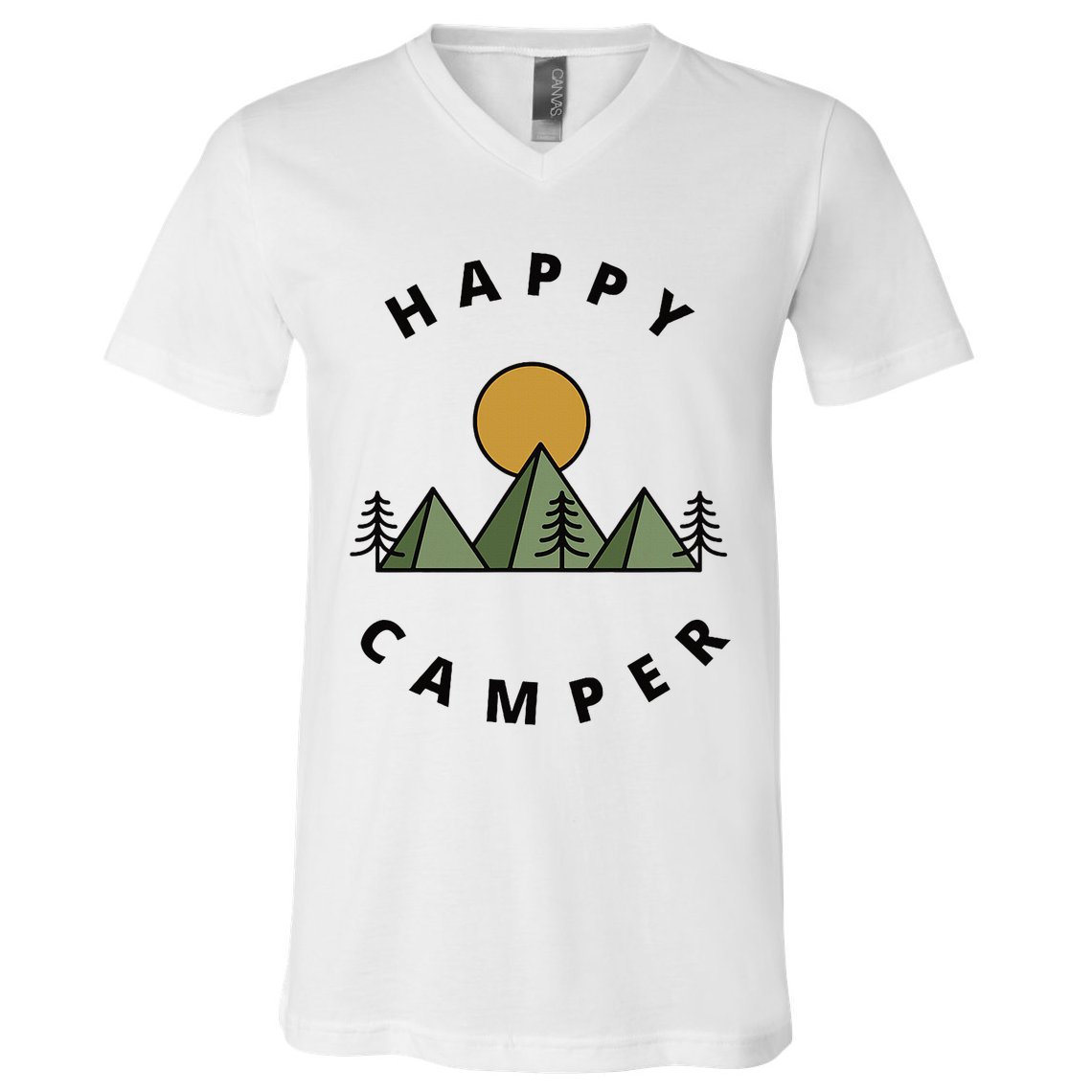 Happy Camper Camping Camp Forest Mountains Minimalist V-Neck T-Shirt