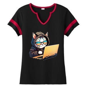 Hacker Chibi Cute Cat Ladies Halftime Notch Neck Tee