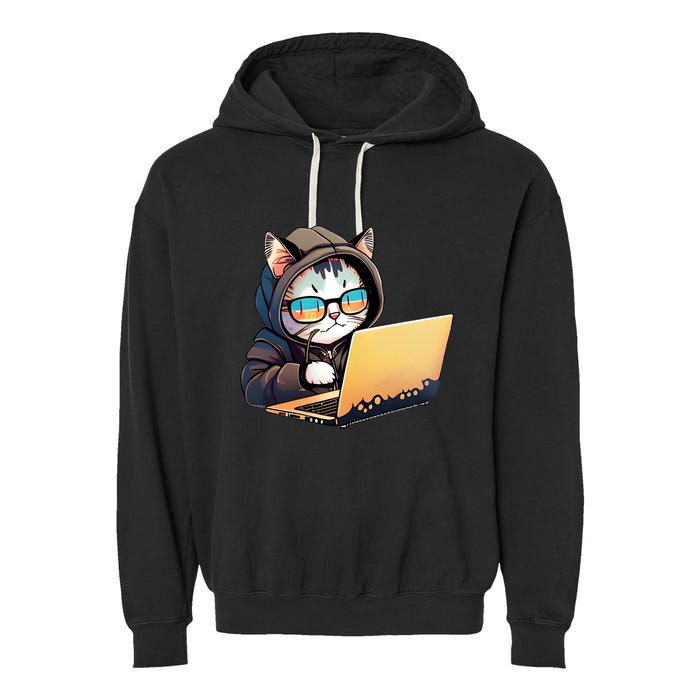 Hacker Chibi Cute Cat Garment-Dyed Fleece Hoodie