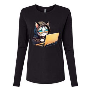 Hacker Chibi Cute Cat Womens Cotton Relaxed Long Sleeve T-Shirt