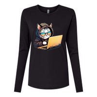 Hacker Chibi Cute Cat Womens Cotton Relaxed Long Sleeve T-Shirt