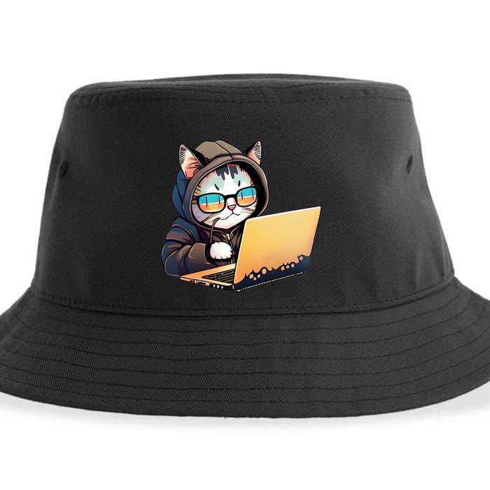 Hacker Chibi Cute Cat Sustainable Bucket Hat