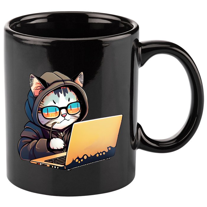 Hacker Chibi Cute Cat 11oz C Handle Ceramic Mug