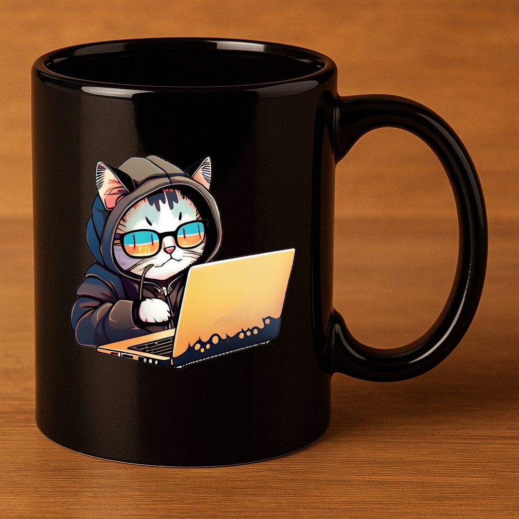 Hacker Chibi Cute Cat 11oz C Handle Ceramic Mug