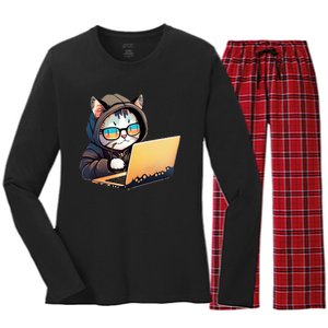 Hacker Chibi Cute Cat Women's Long Sleeve Flannel Pajama Set 