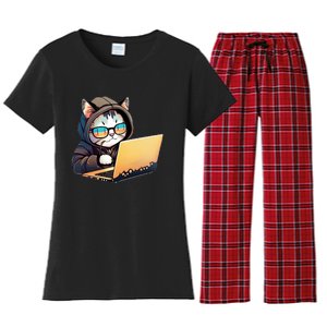 Hacker Chibi Cute Cat Women's Flannel Pajama Set