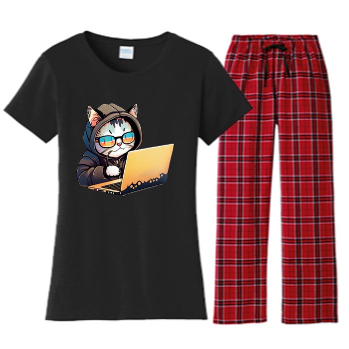 Hacker Chibi Cute Cat Women's Flannel Pajama Set