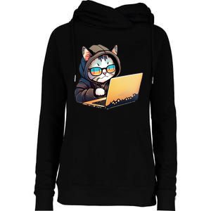 Hacker Chibi Cute Cat Womens Funnel Neck Pullover Hood