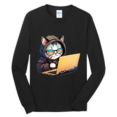 Hacker Chibi Cute Cat Tall Long Sleeve T-Shirt